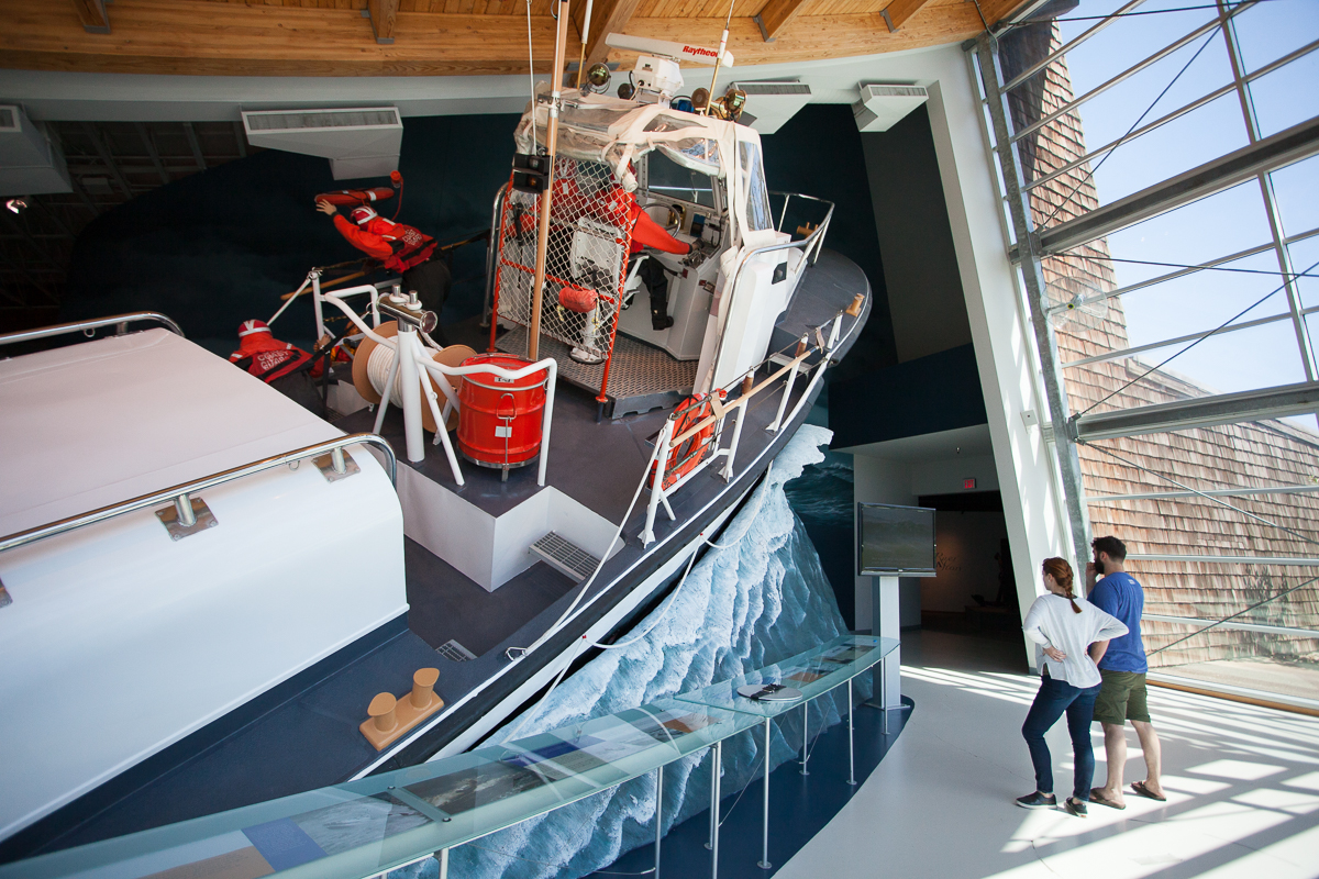 Guests viewing video of offshore rescues carried out by the U.S. Coast Guard.