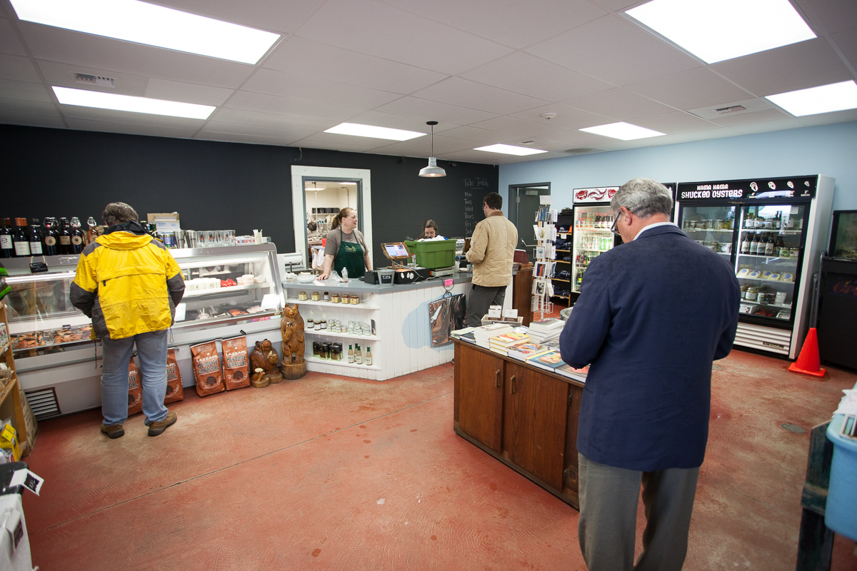 Farm store front offers a wide variety of seafood.