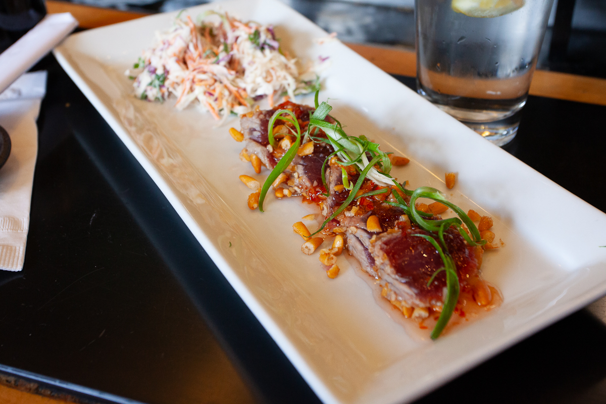Crispy Seared Ahi, fresh Ahi Tuna encrusted with crushed rice crackers.