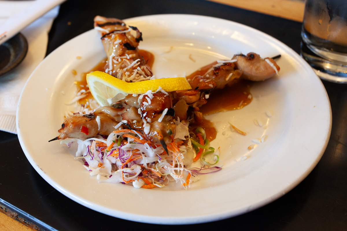 Thai Style Chicken Skewers, Chicken marinated with Thai spices grilled over an open flame.