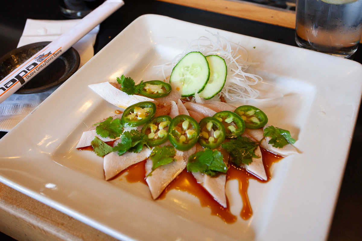 Colorado Hamachi, Yellowtail sashimi with jalapenos and yuzu soy sauce.
