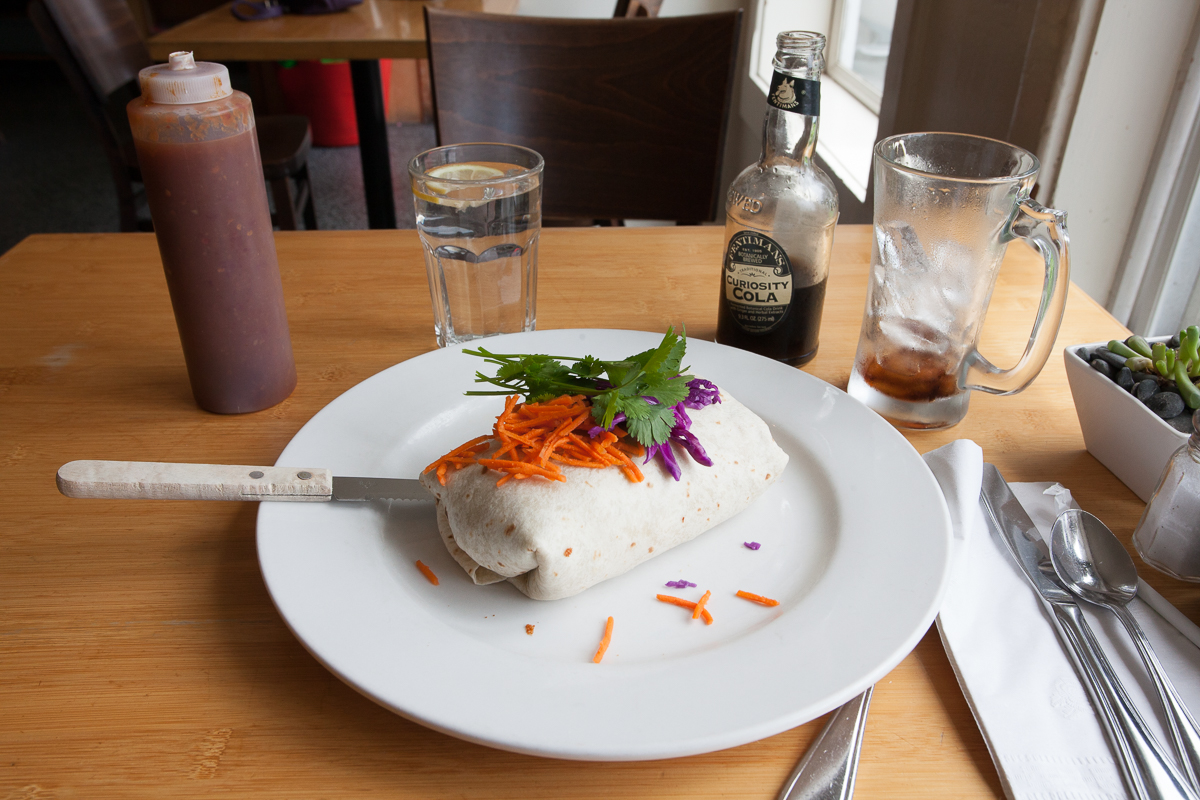 Thai Burrito with a Curiosity Cola.
